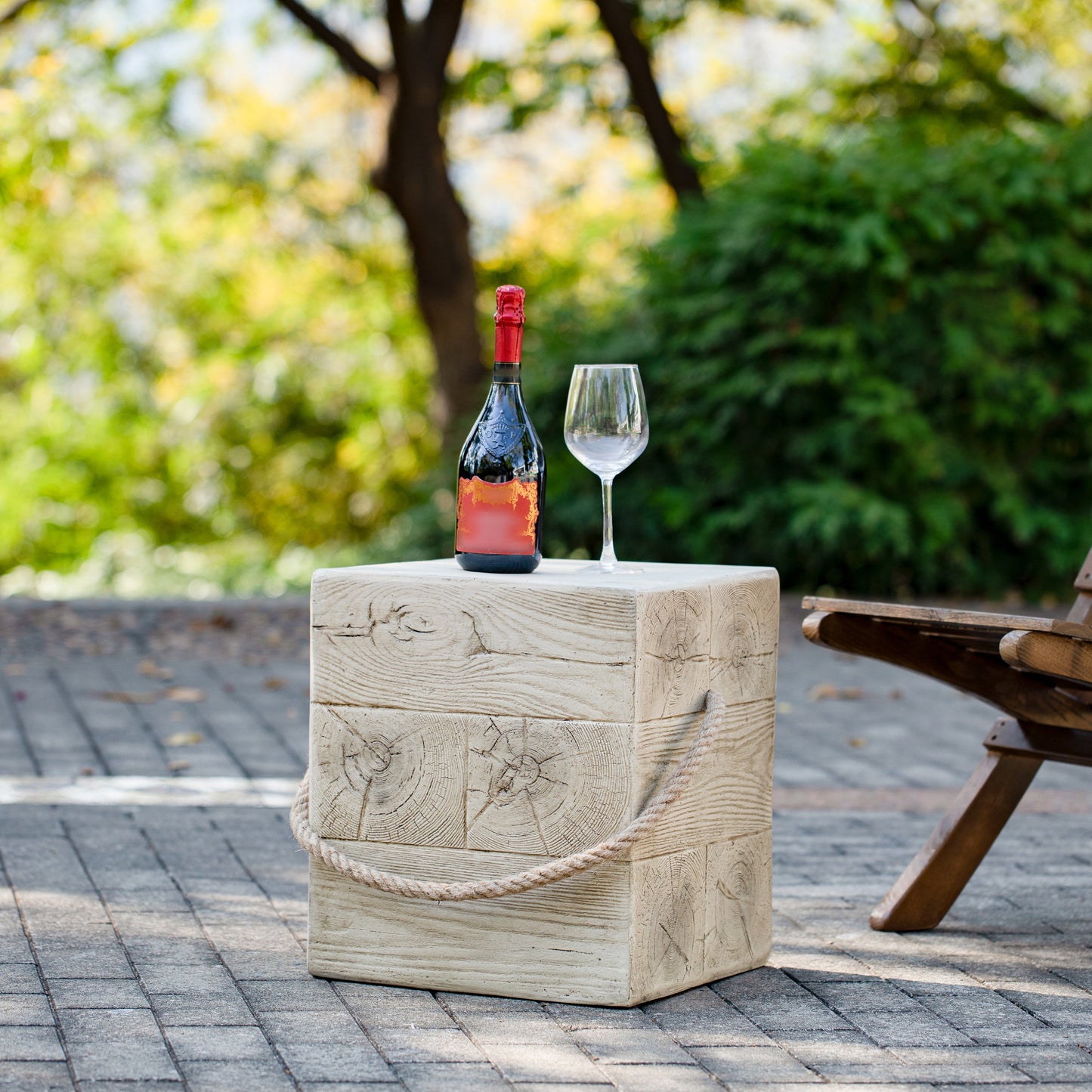 Outdoor Wood Grain Square MGO Side Table with Simulated Braided Cord