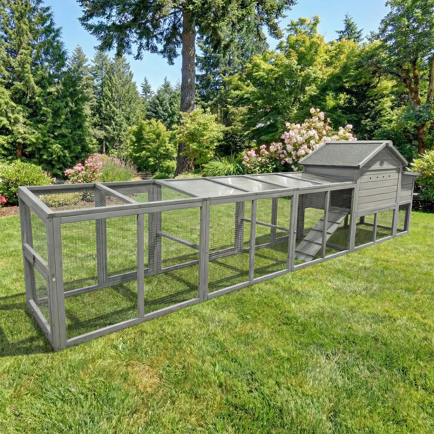 141" Gray Large Wooden Chicken Coop with Nesting Box