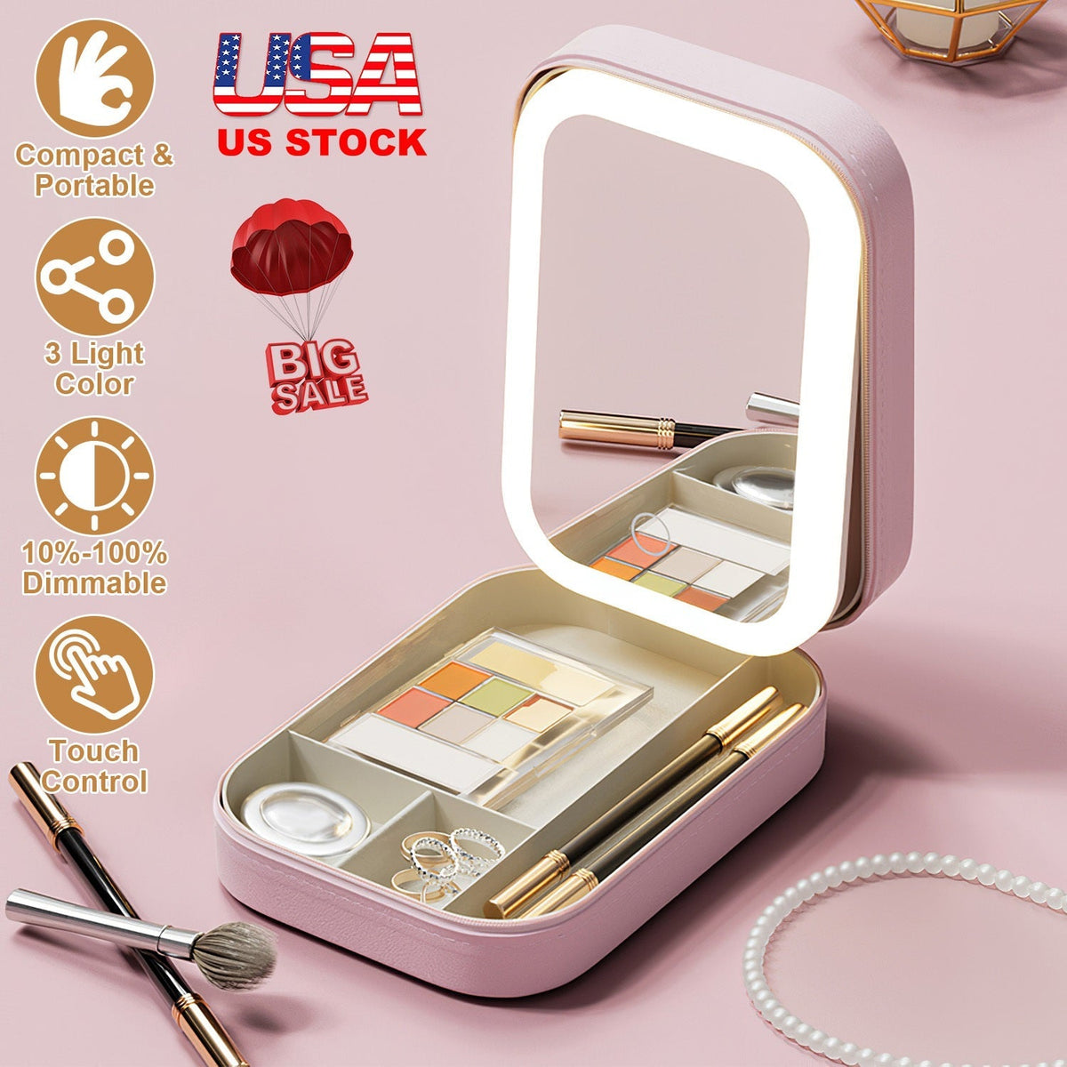 Portable Travel Makeup Bag With LED Mirror Rechargeable Beauty Mirror With 3 Color Light Dimmable Brightness Waterproof Cosmetic Bag With 4 Compartmen