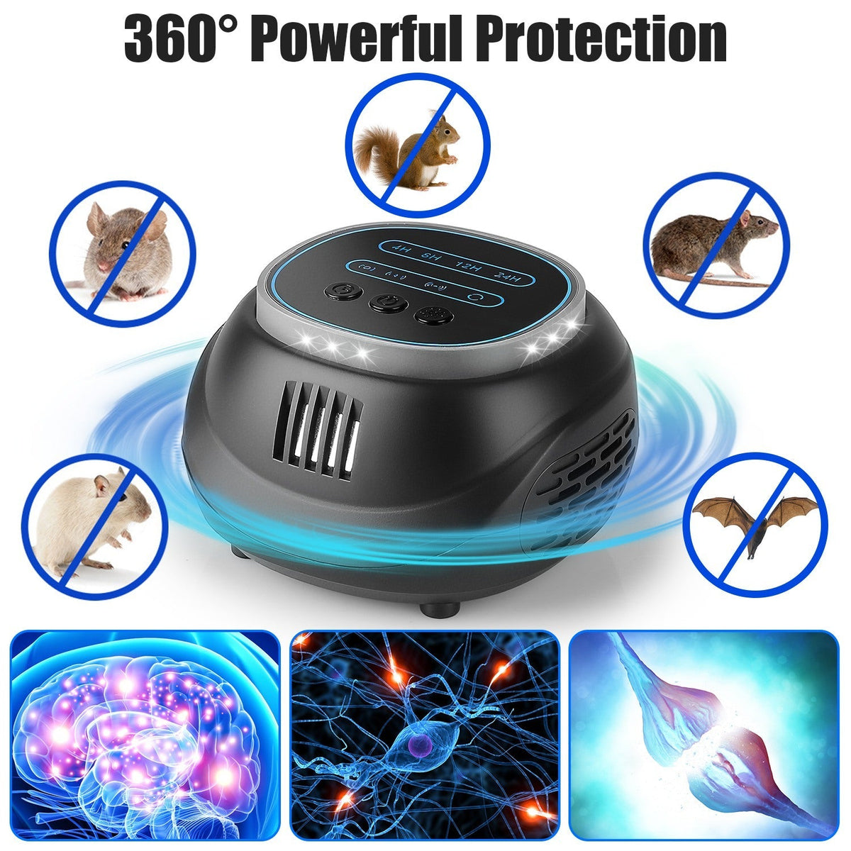 Ultrasonic Rodent Chaser Rat Repellent Pest Driver Mouse Control Squirrel Repeller with 4 Modes 4-65KHz Strobe Light 4 Timer 1292sq.ft. Coverage for R