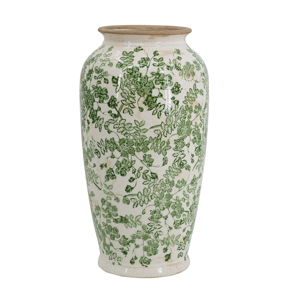 7.7x7.7x14.6' White Ceramic Flower Vase with Green Floral Pattern