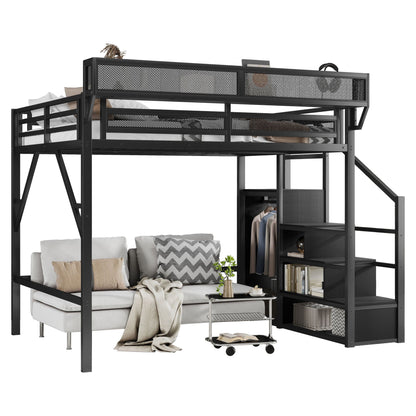 Queen Size Loft Bed With Stairs, Storage Shelves, Wardrobe - Black