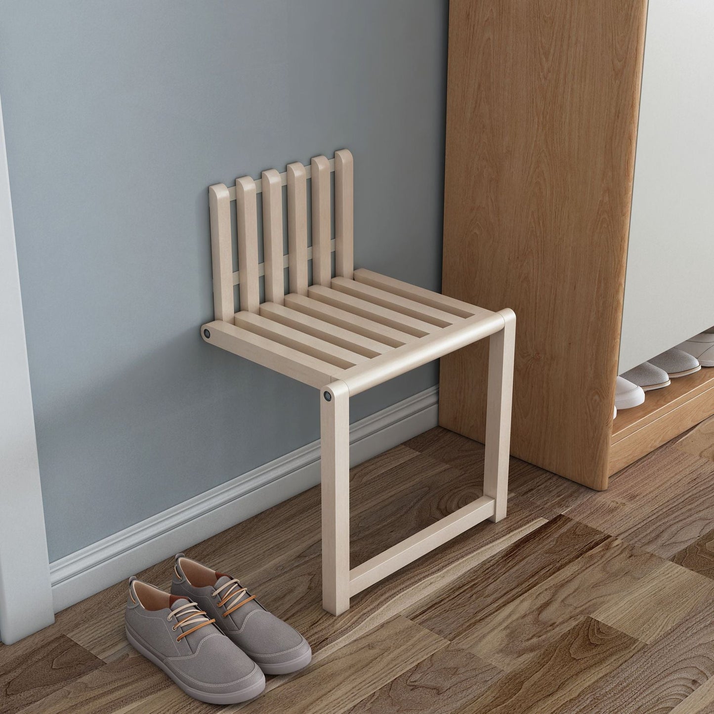 Wall-Mounted Folding Chair for Shoe Changing - Space-Saving Solid Wood Design