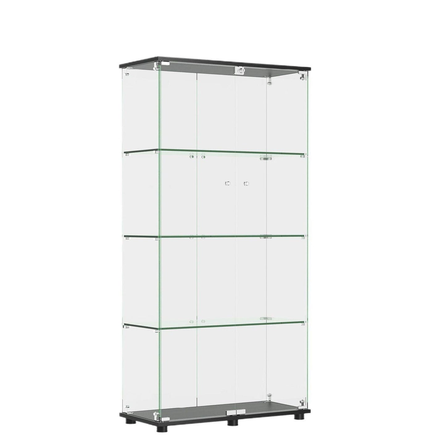 Modern Glass Display Cabinet With 4 Shelf Double Doors And Lock, Tempered Glass Bookshelf For Living Room - Black