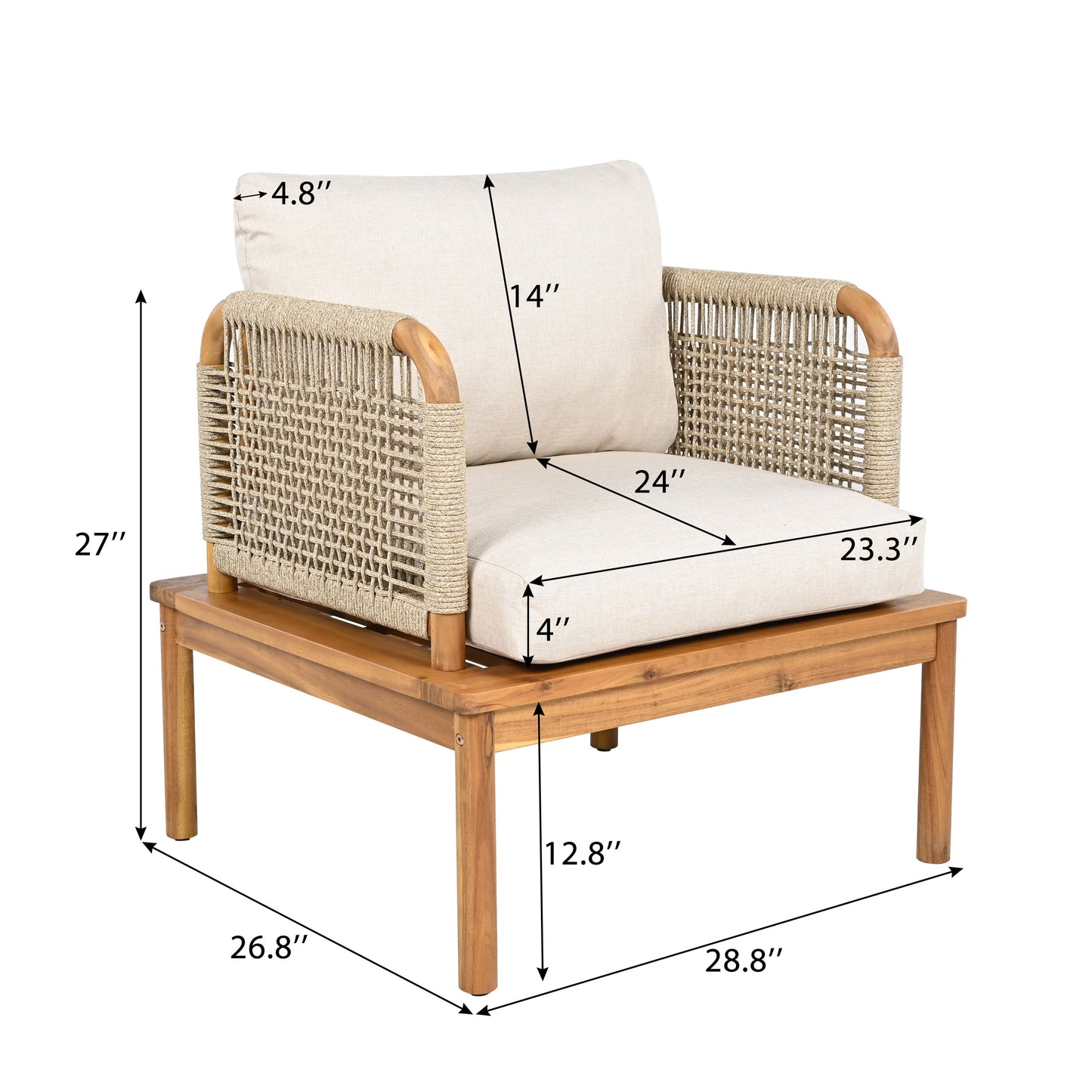Outdoor Acacia Wood and Rope Club Chair with Cushions (Set of 2)