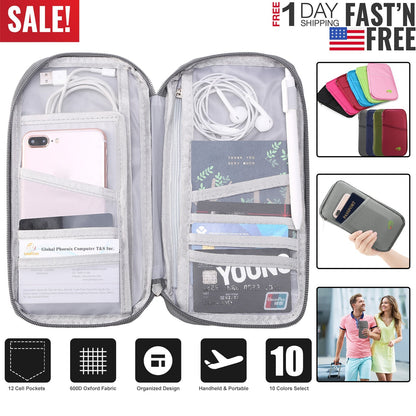 Travel Passport Wallet 12Cells Ticket ID Credit Card Holder Water Repellent Documents Phone Organizer Zipper Case Business Trip Daily Use