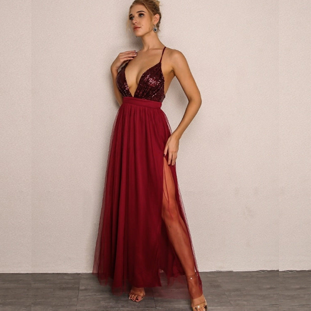 Joyfunear Cross Back Plunge Sequin Top Tulle Dress