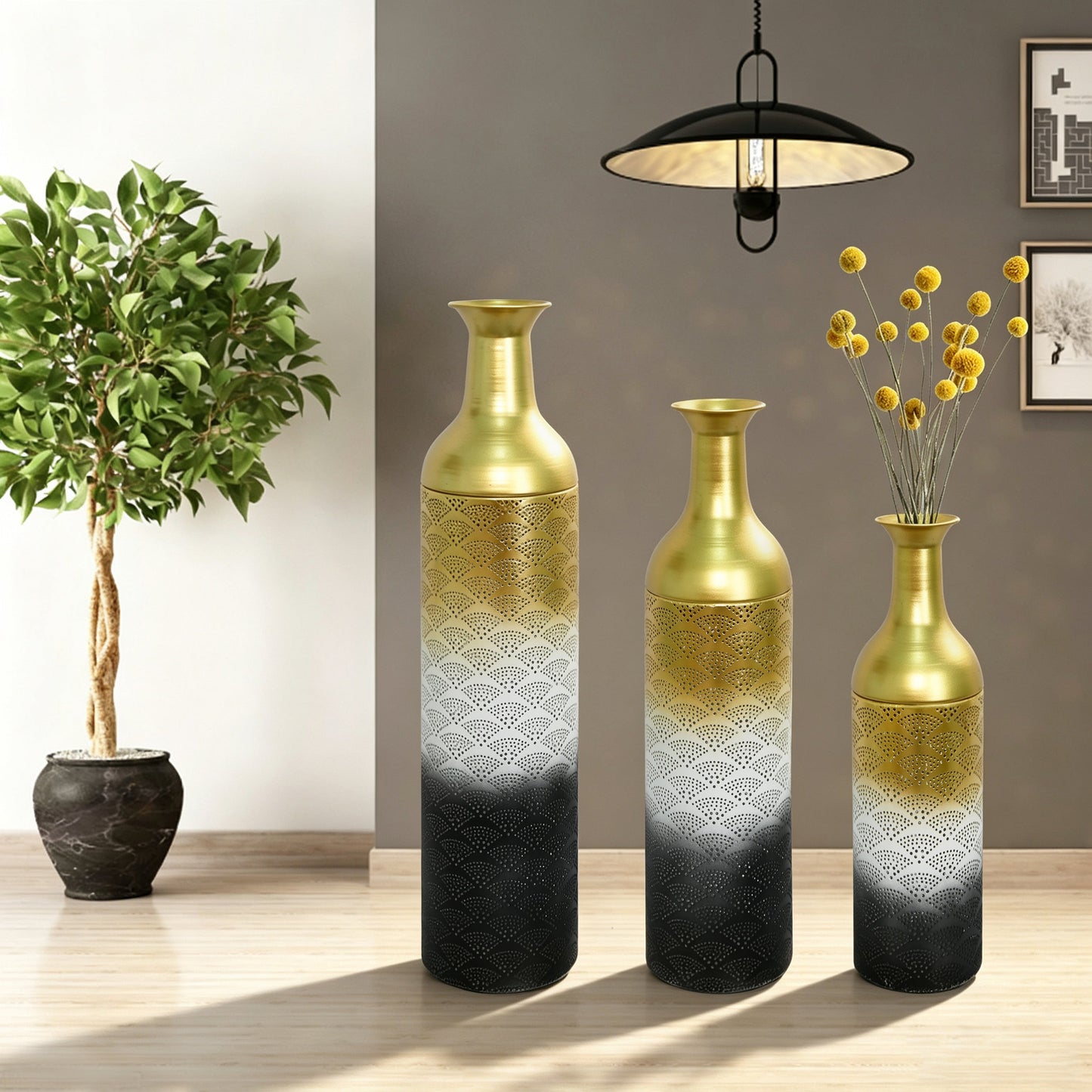 Decorative Metal Vases Set of 3, Leaf Pattern Floor Vases