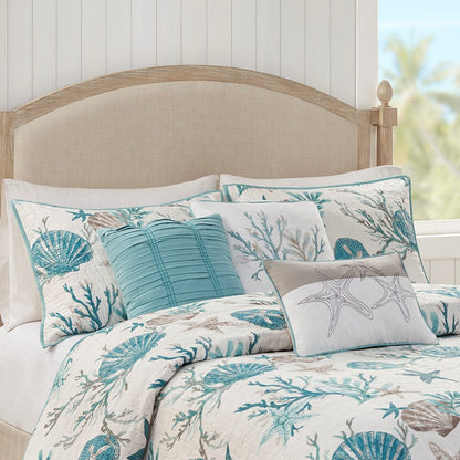 6 Piece Cotton Sateen Quilt Set with Throw Pillows Aqua Full/Queen