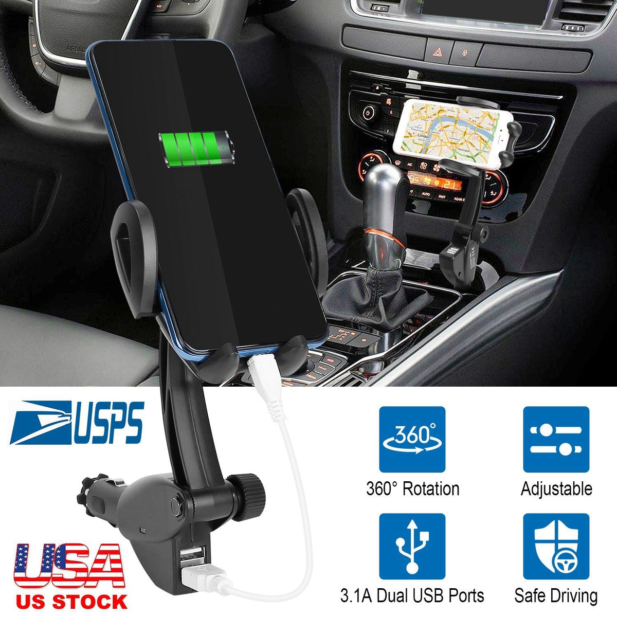360¡ Rotation Car Phone Mount 3.1A Dual USB Cigarette Lighter Phone Holder Universal