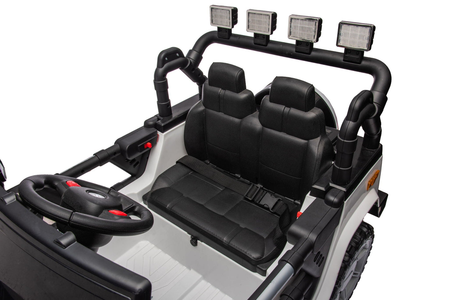12V7A 30W*2 Four-Wheel Drive Seat One Button Start, Forward And Backward, High And Low Speed, Music, Front Light, Power Display, Two Doors Can Open, 2.4G R / C, Seat Belt Four Wheel Absorber
