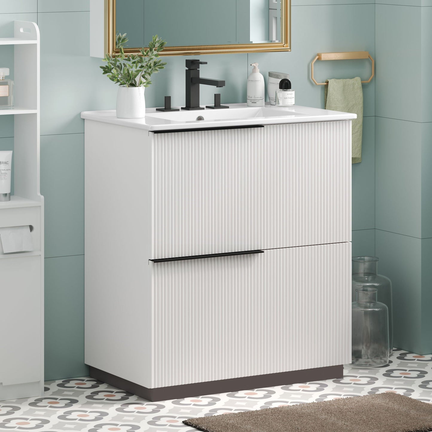 Fluted Bathroom Vanity With Ceramic Sink and Soft-Close Slides