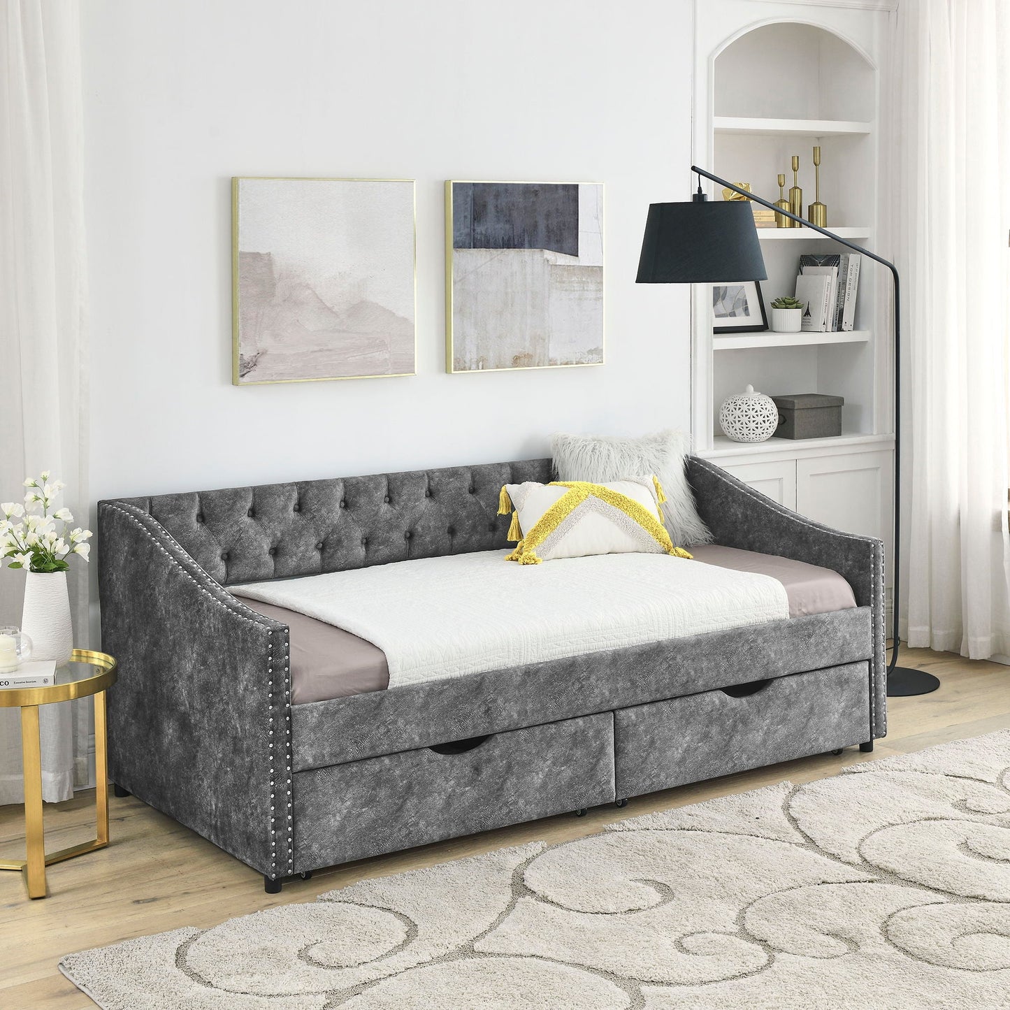 Upholstered Tufted Daybed With 2 Drawers, Waved Arms