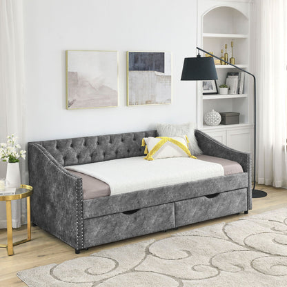 Upholstered Tufted Daybed With 2 Drawers, Waved Arms