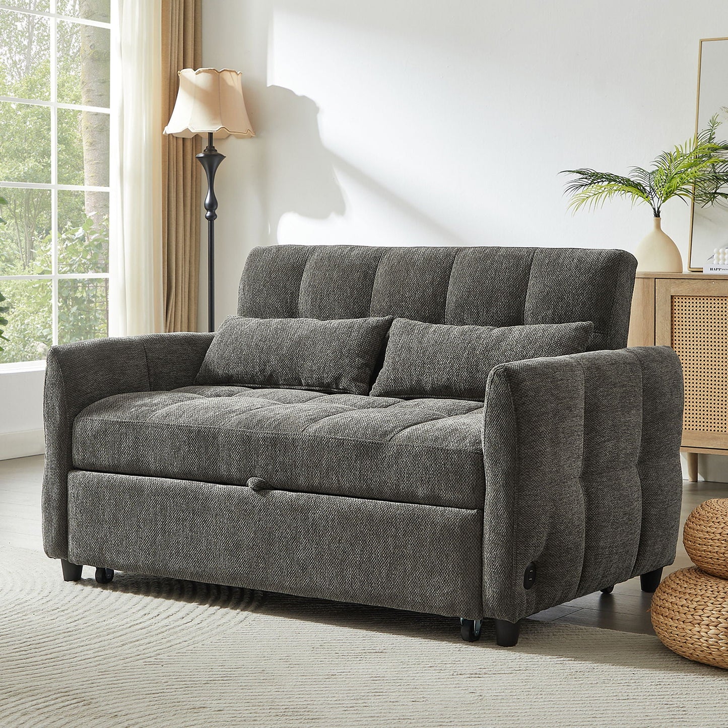 Loveseat Sofa Pull-Out Bed With Adjustable Backrest, 3 USB Ports And 2 Lumbar Pillows For Living Room