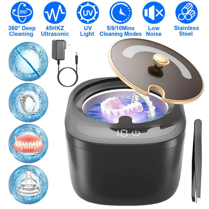 Ultrasonic Retainer Cleaner 45kHz Ultrasonic Cleaning Machine with 3 Modes 230ML Capacity UV Light for Denture Mouth Guard Aligner Dental Trays Braces
