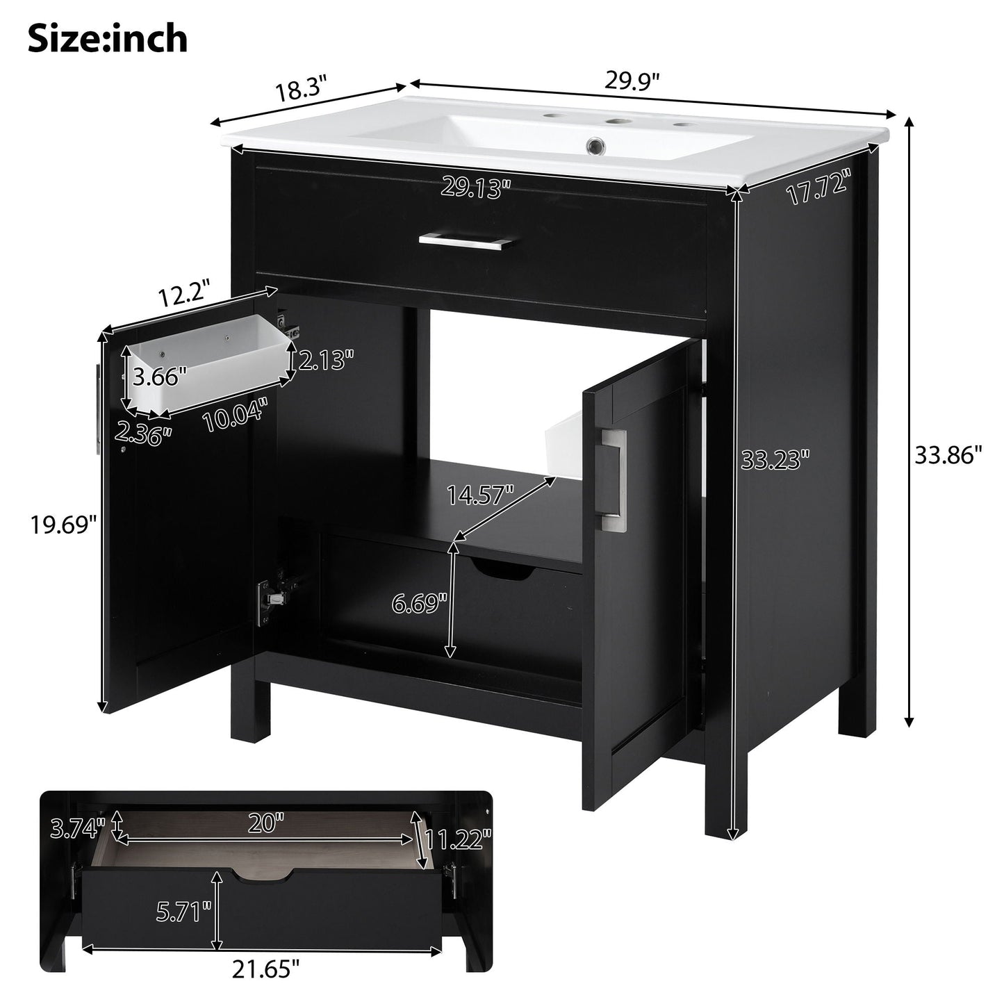 Bathroom Vanity With Sink And Ample Storage, Rectangular Undermount Sink - Black