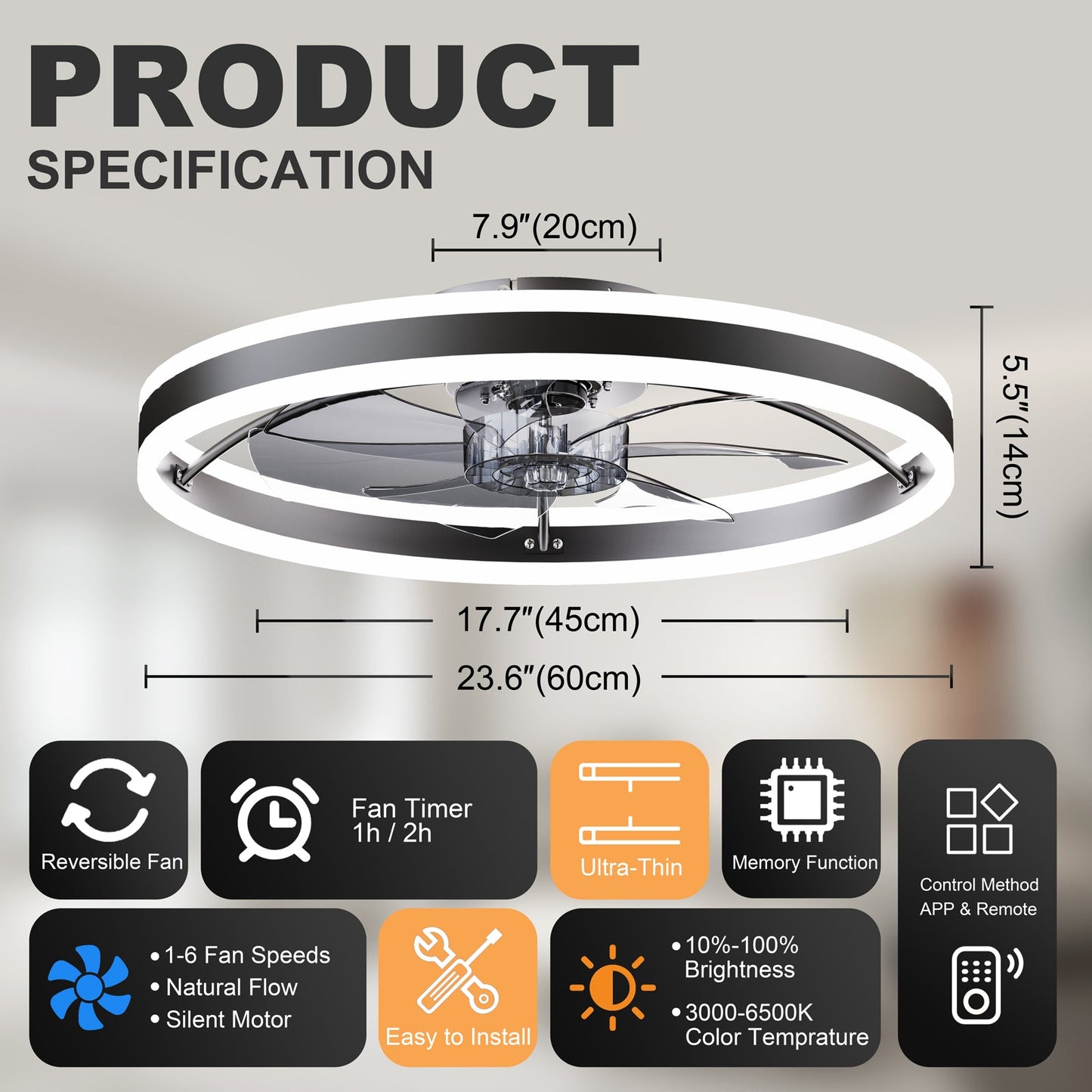 Smart Ceiling Fan with LED Light, 7 Blades Modern Metal Design