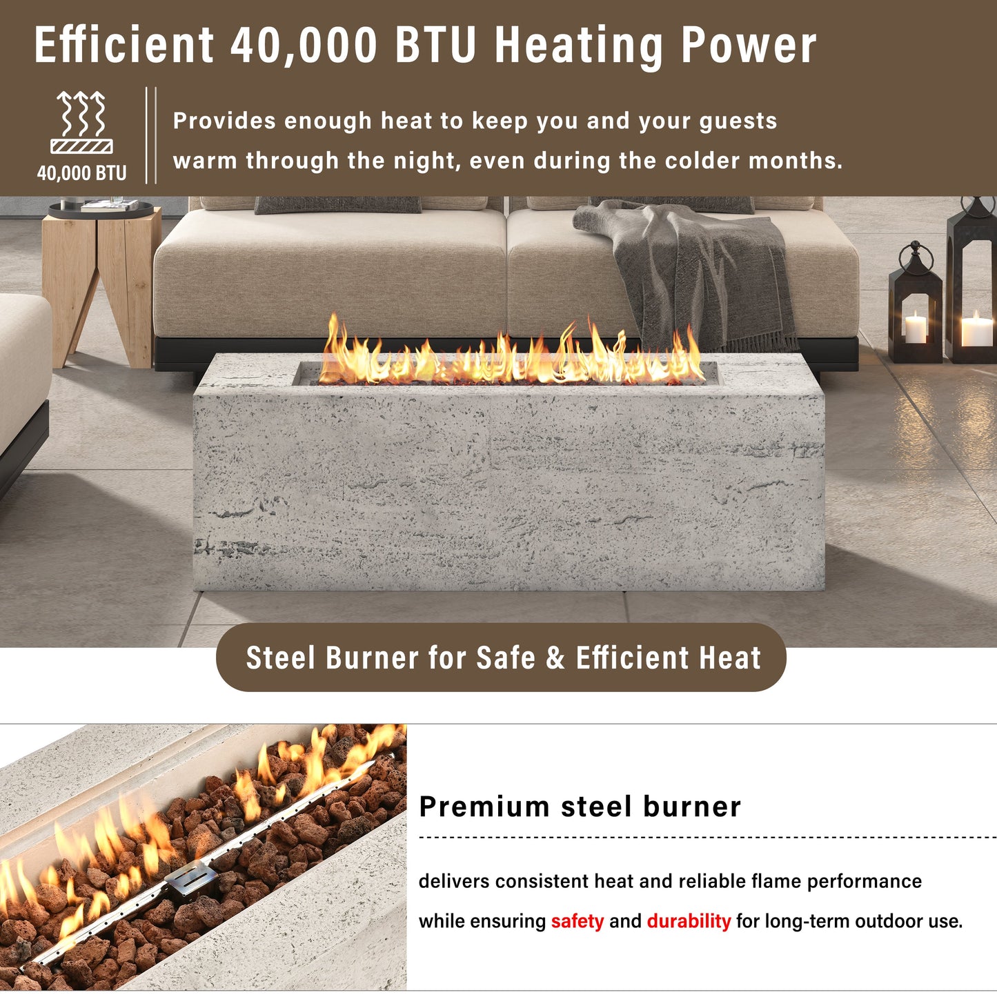 U_STYLE Outdoor Rectangular Propane Fire Pit 41.9" 40000 BTU