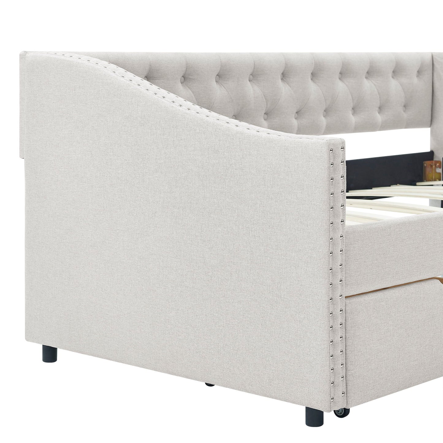Upholstered Tufted Daybed With 2 Drawers, Waved Arms