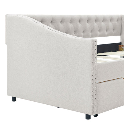 Upholstered Tufted Daybed With 2 Drawers, Waved Arms