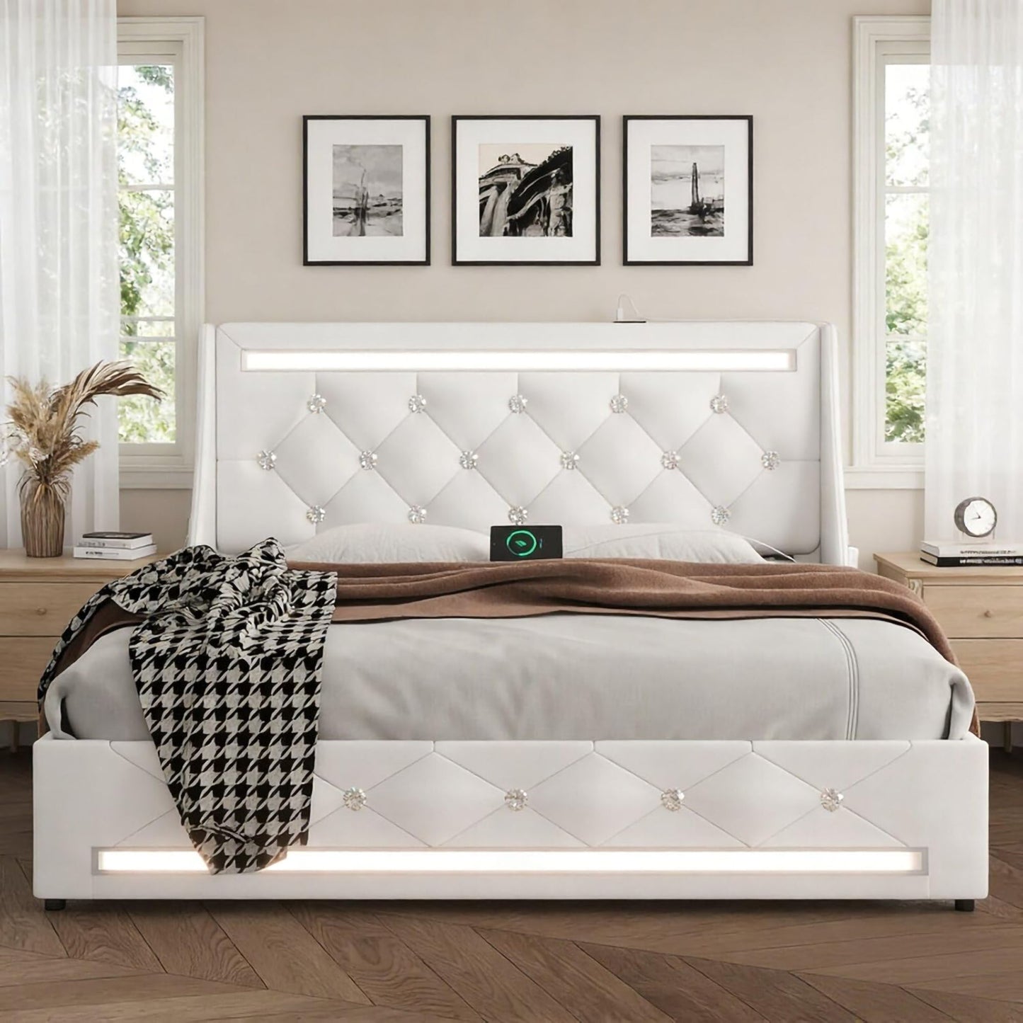 Wingback Upholstered Bed Frame With LED Lights, Charging Station