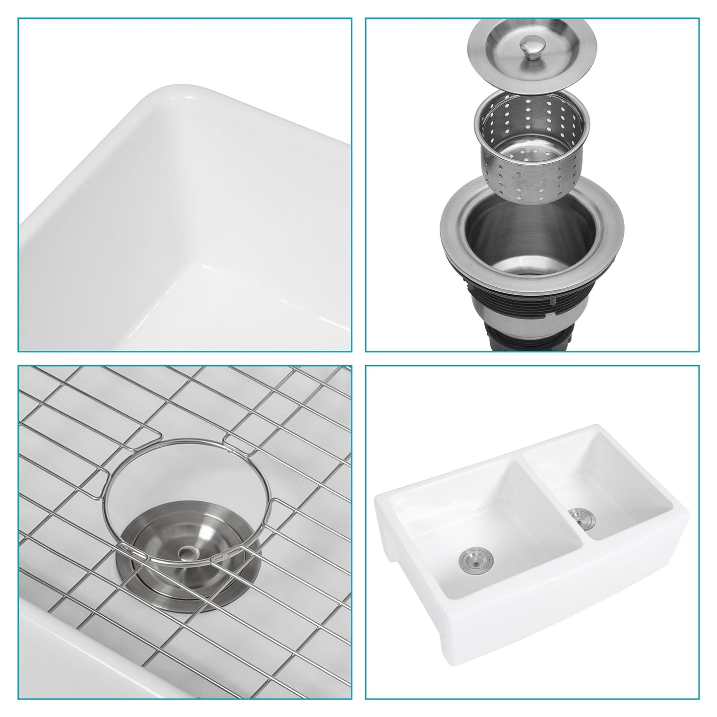 Sink 33" Double Bowl 60 / 40 Kitchen Sink With Deep Basin And Grids - White