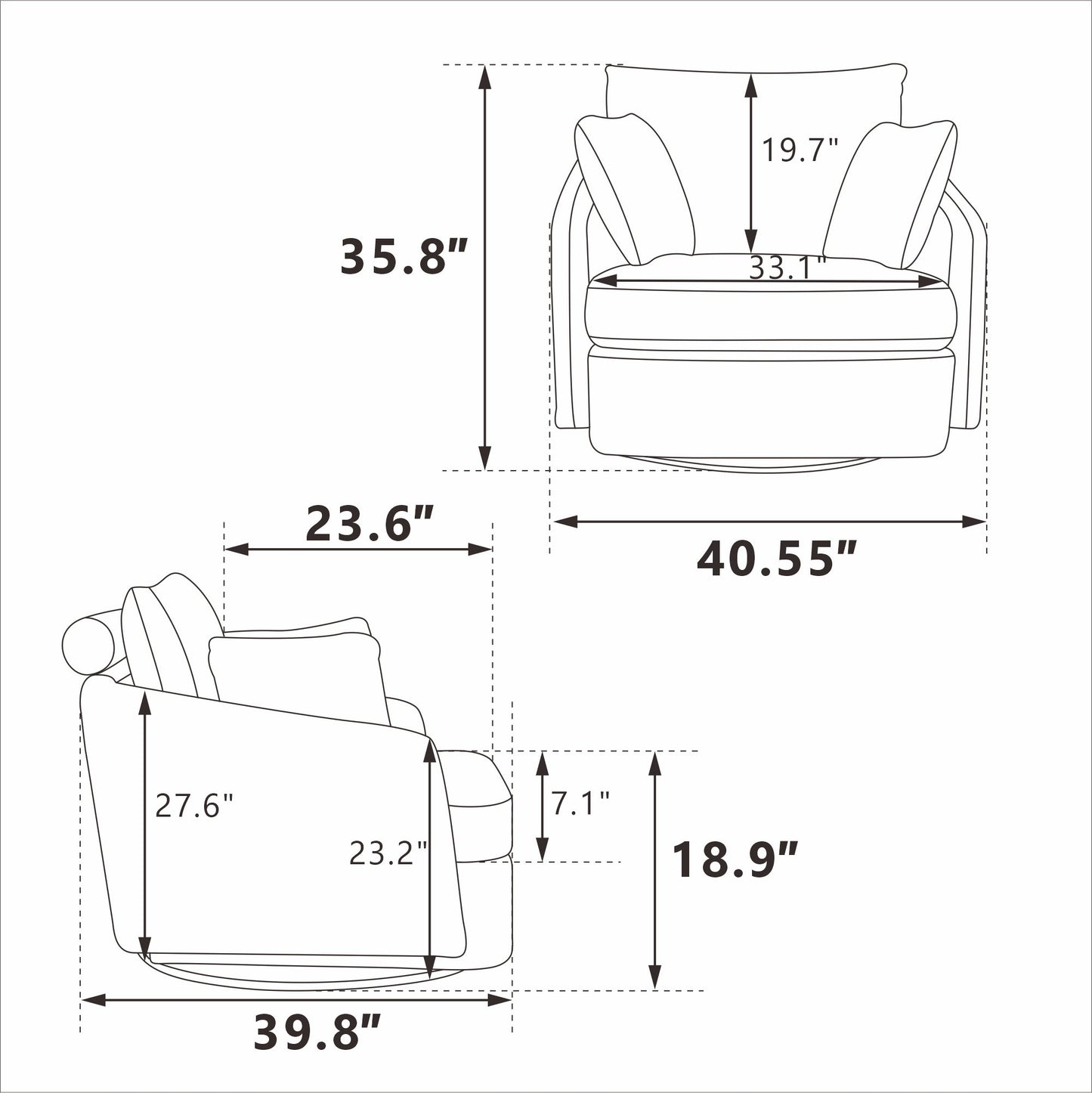 40.55''W Swivel Accent Chair with 2 Throw Pillows