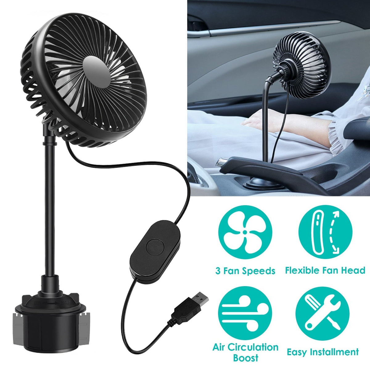Car Cooling Fan Portable Car Cup Holder Fan Adjustable Gooseneck Fan with 3 Speeds for Car Van Truck SUV RV