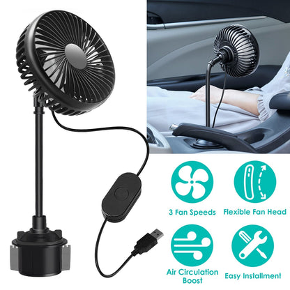 Car Cooling Fan Portable Car Cup Holder Fan Adjustable Gooseneck Fan with 3 Speeds for Car Van Truck SUV RV