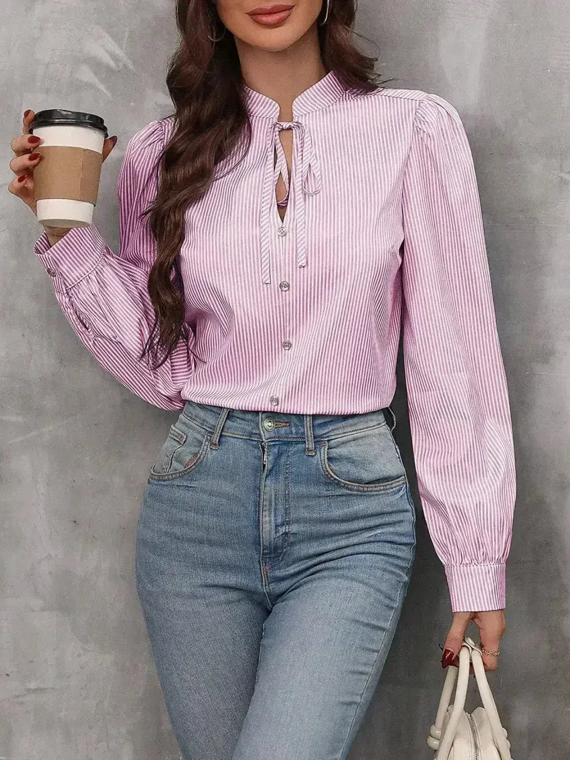 Striped Tie Neck Long Sleeve Blouse – Femstylo
