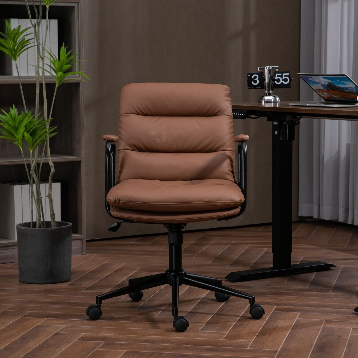Office Chair, Mid Back Home Office Desk Task Chair With Wheels And Arms Ergonomic Computer Rolling Swivel Chair With Padded Armrest
