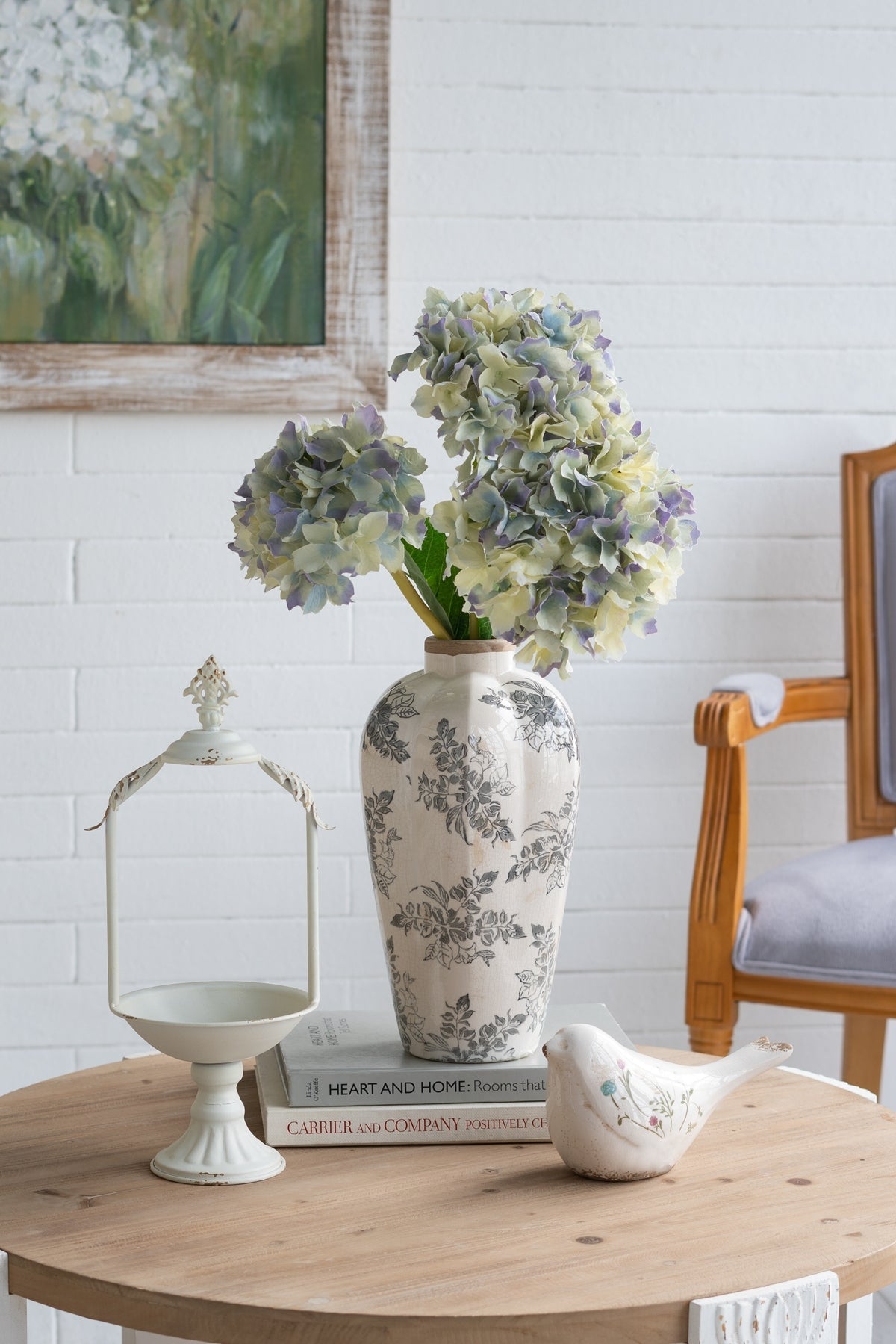 8.1x8.1x13.6' White Ceramic Accent Vase with Gray Floral Design