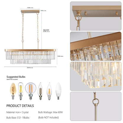 Rectangular Crystal Chandelier Adjustable Gold Iron Ceiling Light
