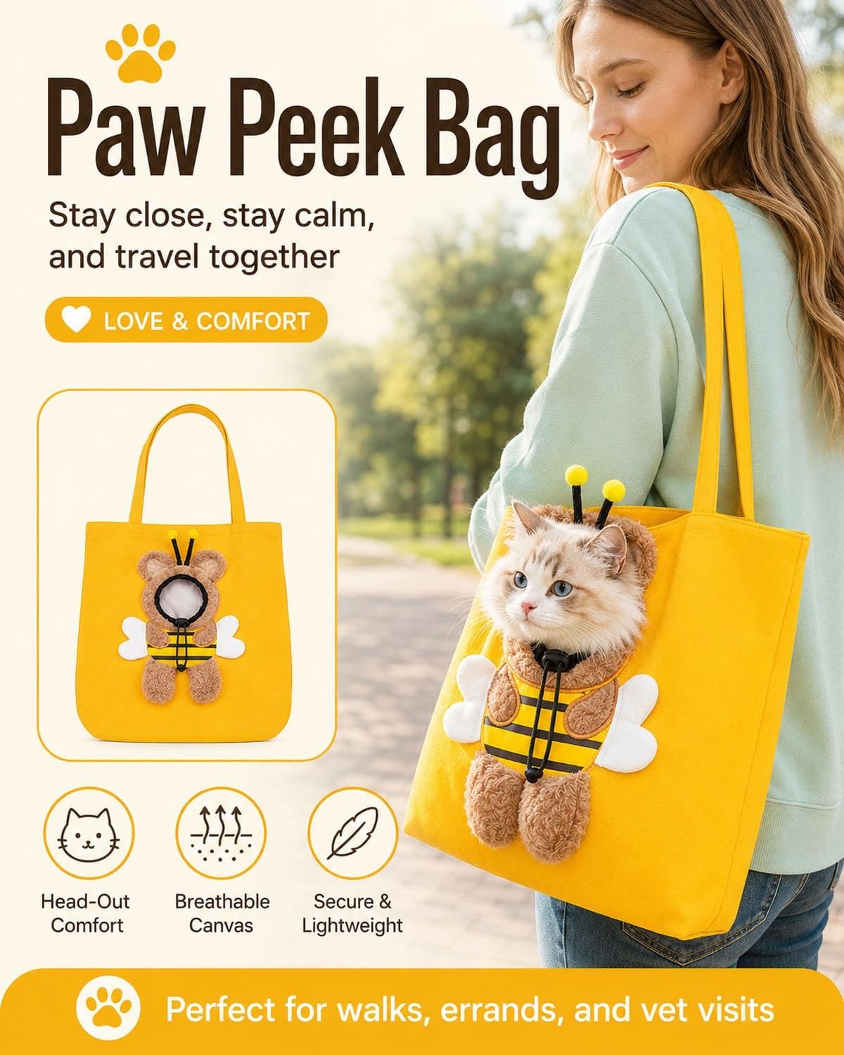 Paw Peek Bag, Breathable Pet Canvas Shoulder Carrier, Cat Dog Tote Colorful Animal Shapes Carrying Bag With Head-Out Design Adjustable Neck Small Dog Cat Carrier For Outdoor Use