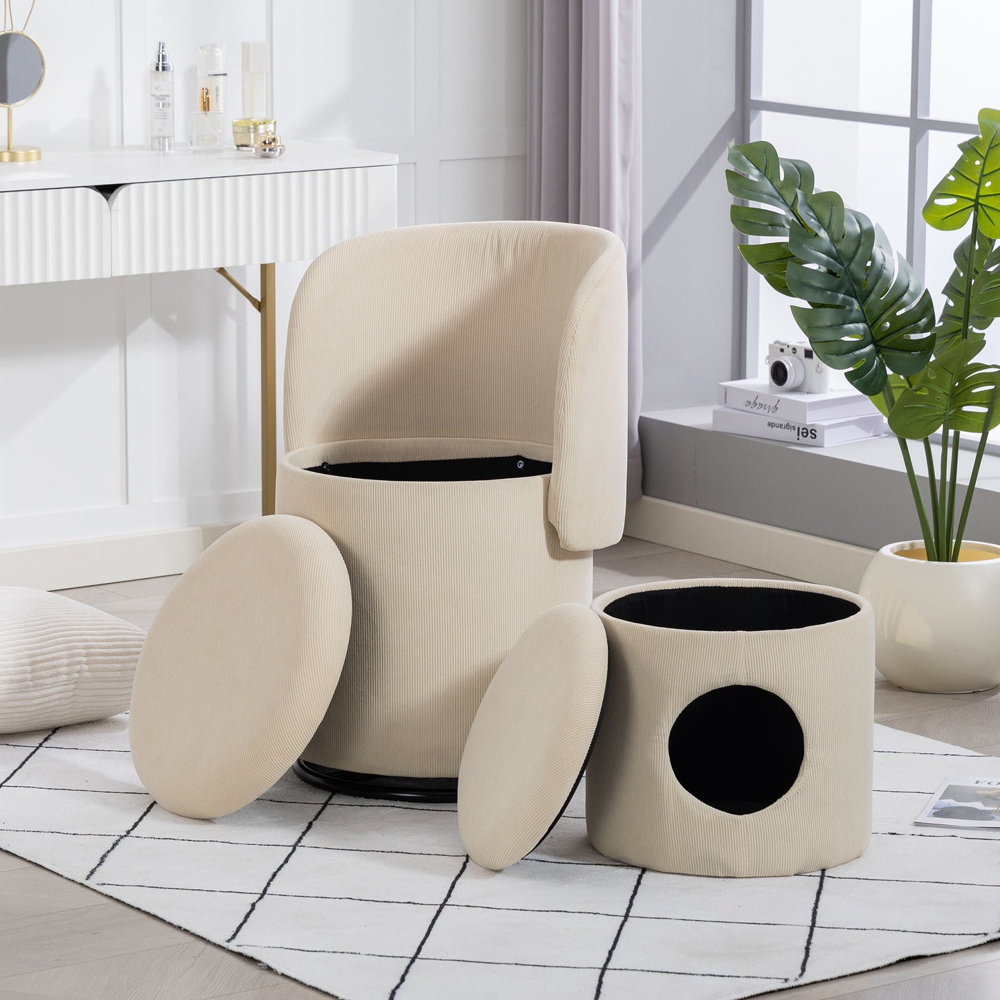 Barrel Chair, Built In Storage, 360° Swivel - Beige