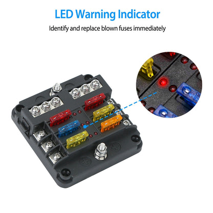 6-Way Fuse Box Holder w/ LED Indicator 6 Circuit Blade Fuse Block Sticker Label For 12-32V Automotive Boat Car SUV Marine