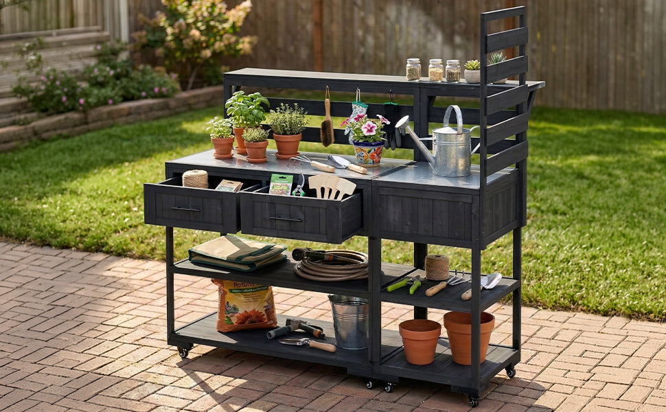 TOPMAX 62.3'' Patio Kitchen Island Solid Wood Kitchen Cart