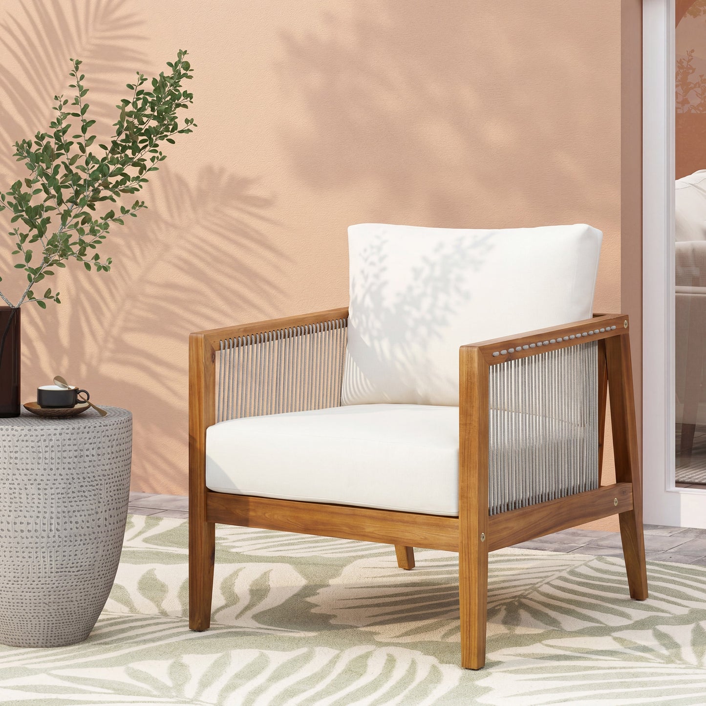 Outdoor Club Chair (Set of 1) - Acacia Wood Frame with Rope Back