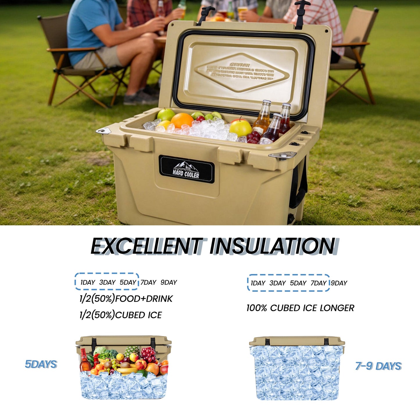 50 Quart Khaki Cooler, Ultra-Light Insulated Ice Chest