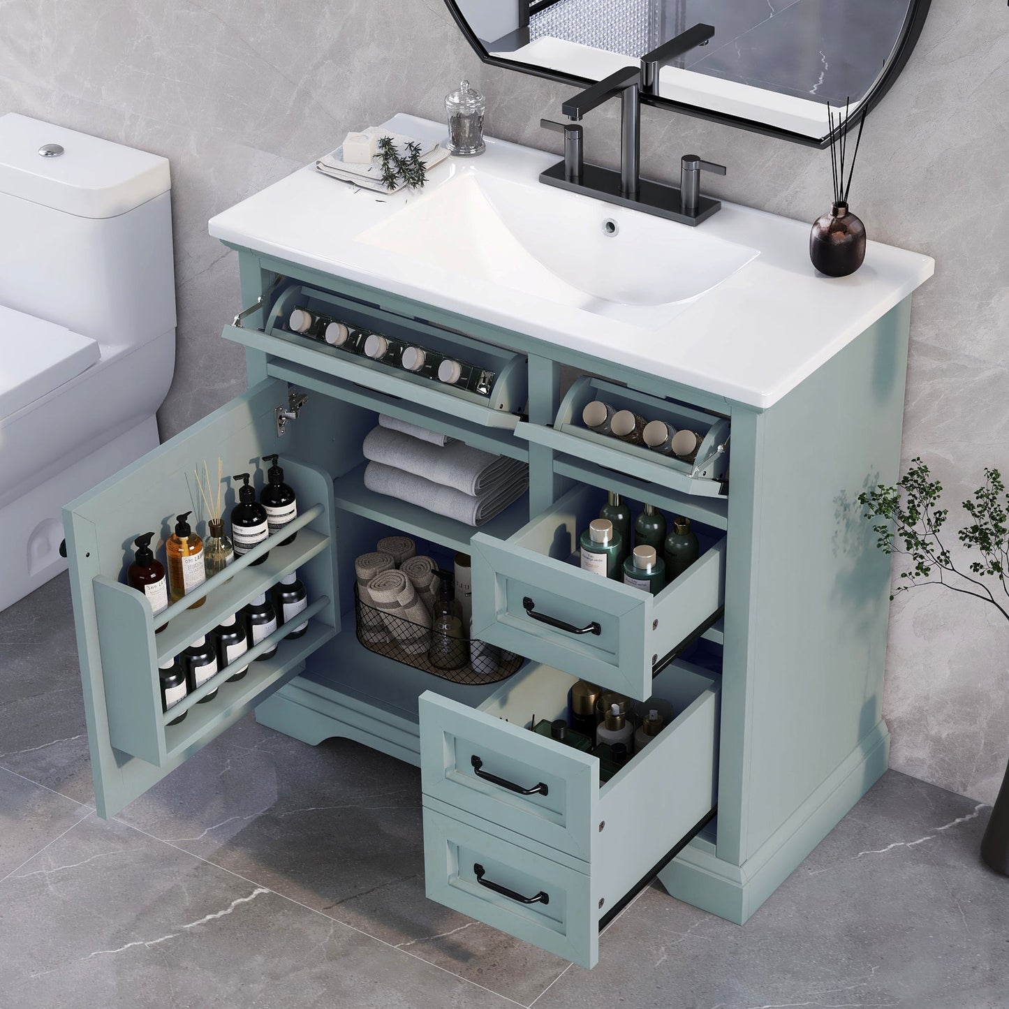36" Bathroom Vanity with Ceramic Sink and Storage