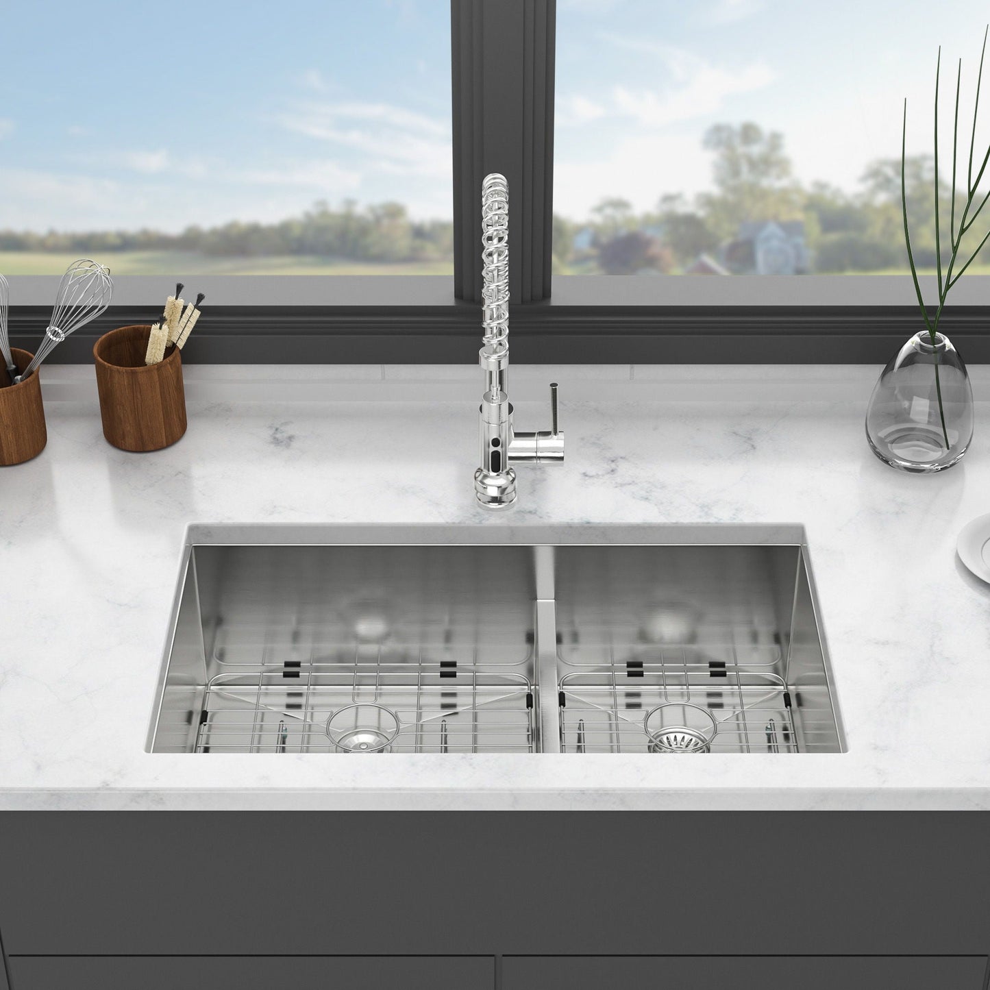 Modern Double Bowl Undermount Kitchen Sink 50 / 50 Design Stainless Steel
