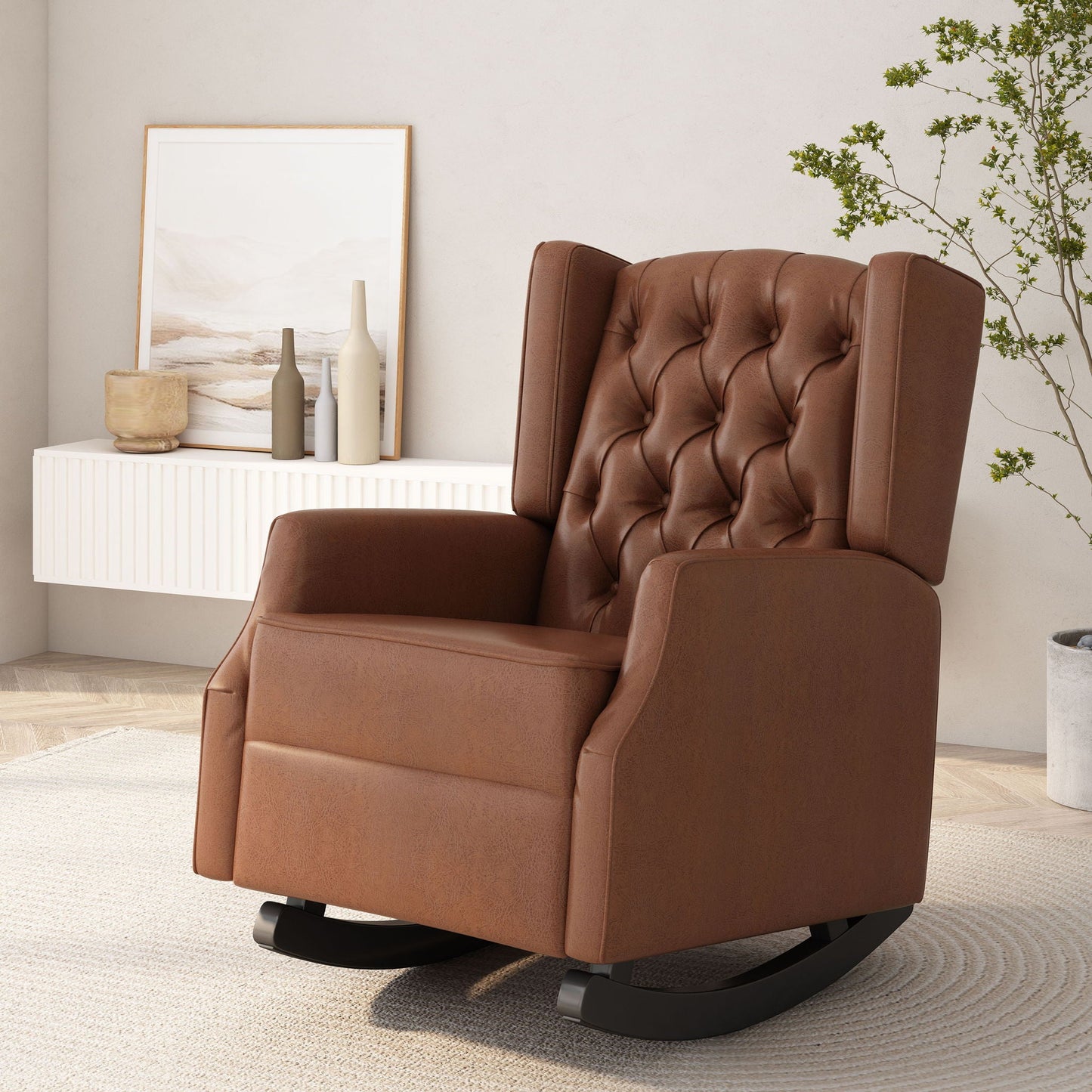 Moss Upholstered Rocking Recliner With Diamond Tufting And Wingback - Light Brown