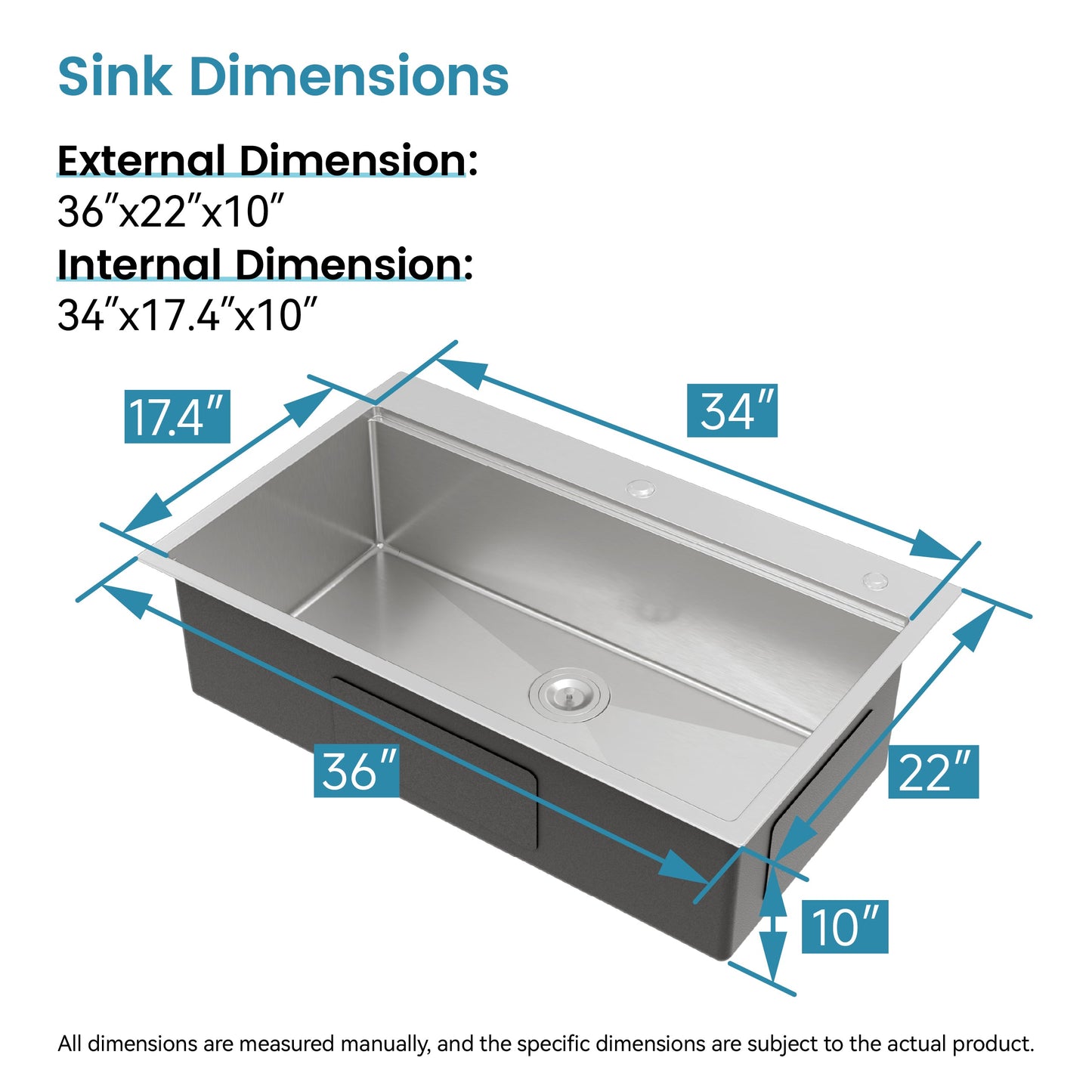 Stainless Steel Kitchen Sink, 36"x22" Single Bowl, Overmount, Brushed
