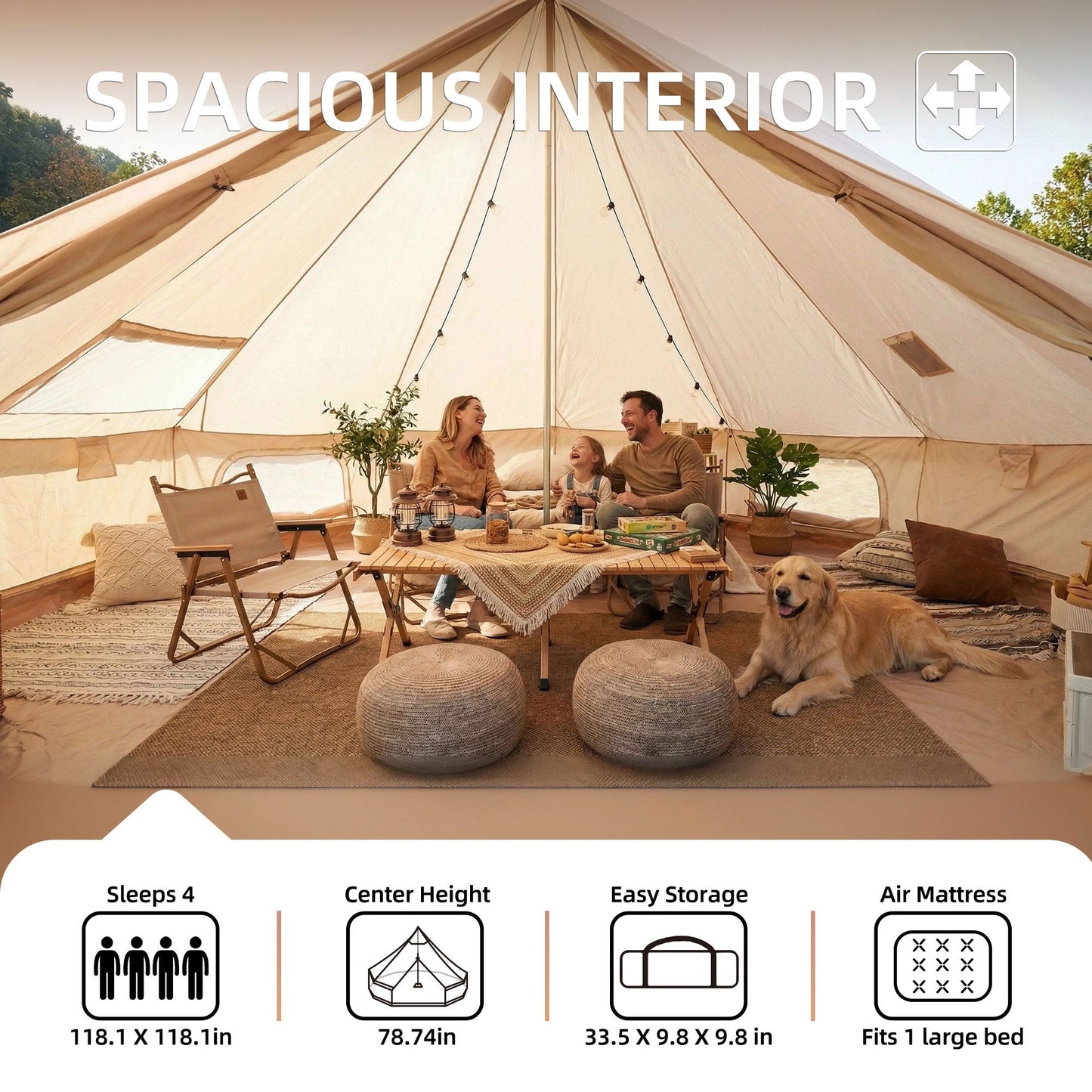4 Season Bell Tent 9.8 FT Beige Waterproof Glamping Yurt Tent
