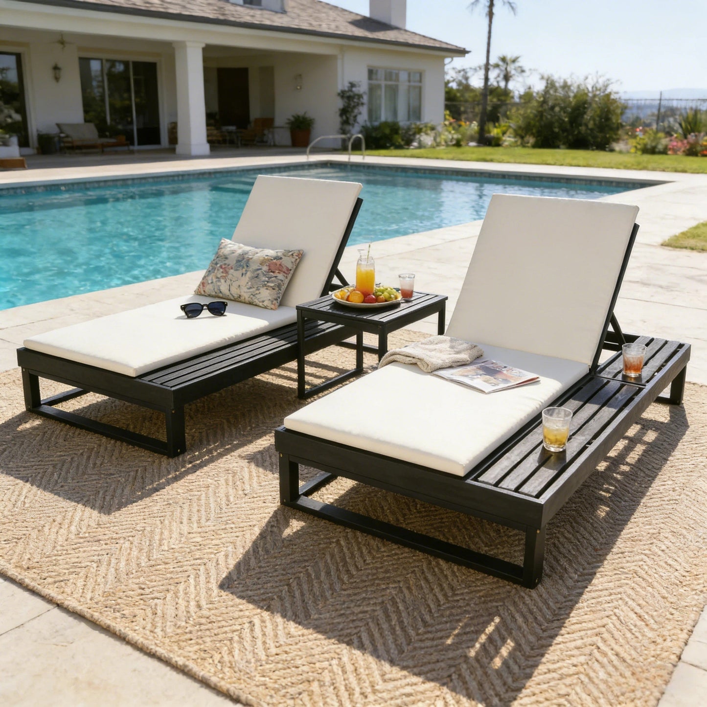 Black Acacia Wood Chaise Lounge with 1.57-Inch Cushions