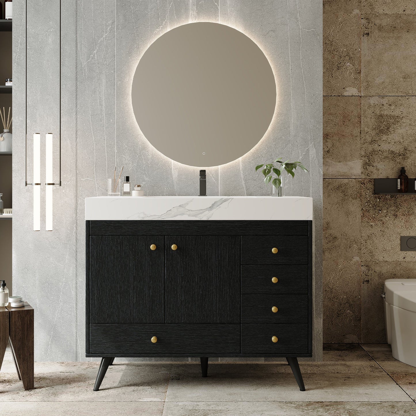 36" Freestanding Bathroom Vanity with Faux Marble Top, Ceramic Sink, 5 Drawers & Stainless Steel Legs