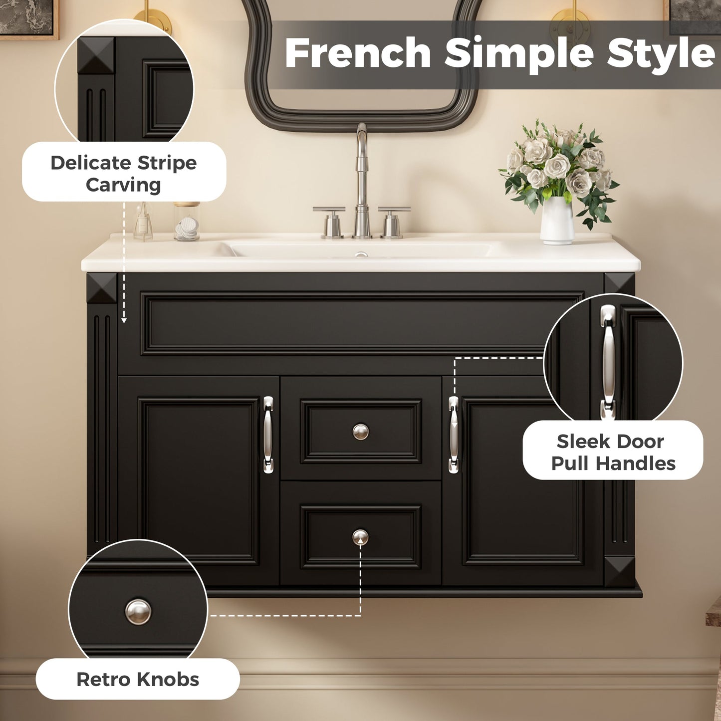 36 Inch Wall Mounted Bathroom Cabinet with Ceramic Sink and Drawers