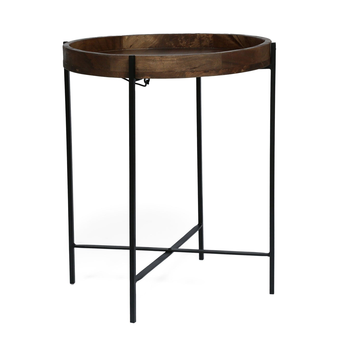 Modern Industrial Round End Table with Tray Top and Foldable Iron Legs - Natural