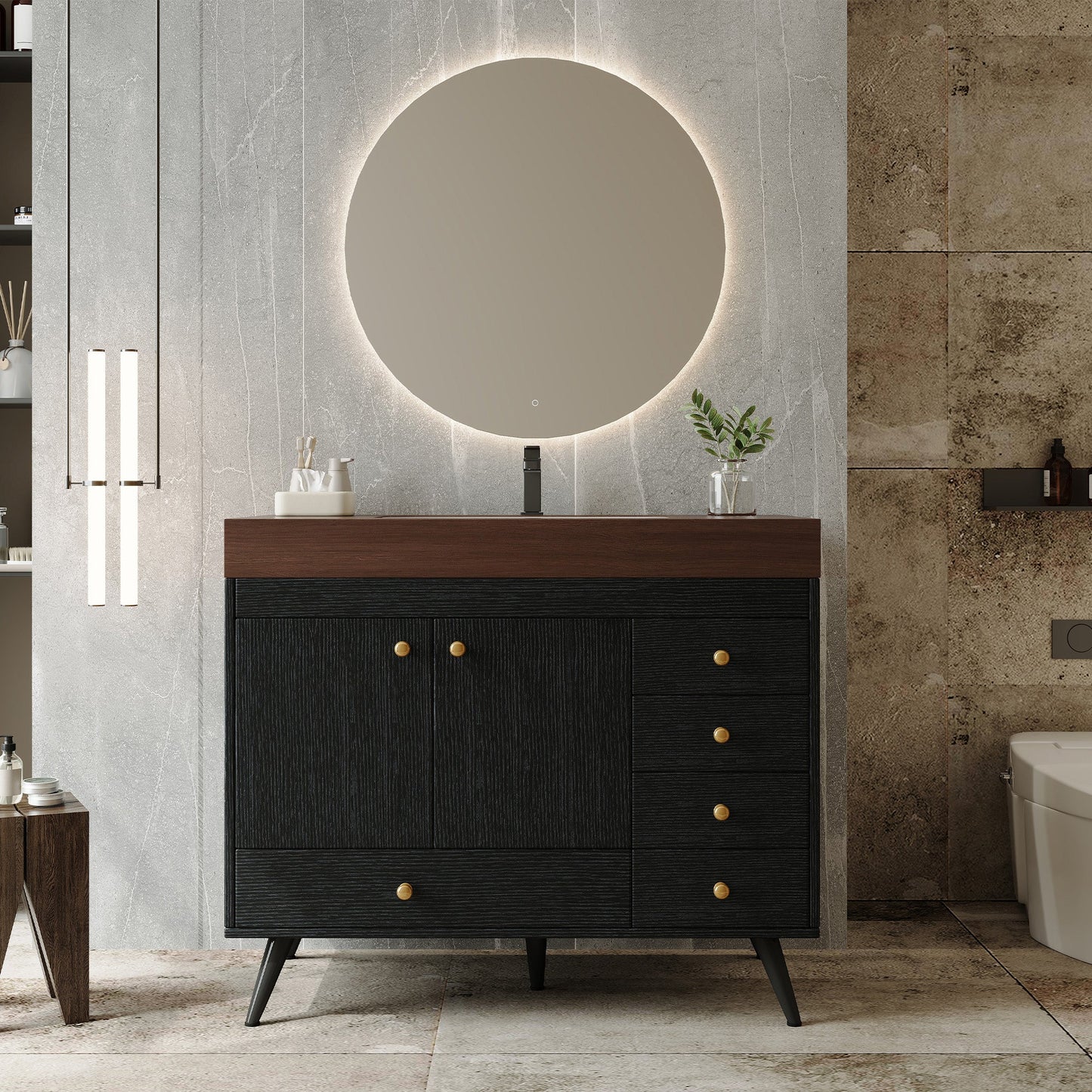 36" Freestanding Bathroom Vanity with Faux Marble Top, Ceramic Sink, 5 Drawers & Stainless Steel Legs